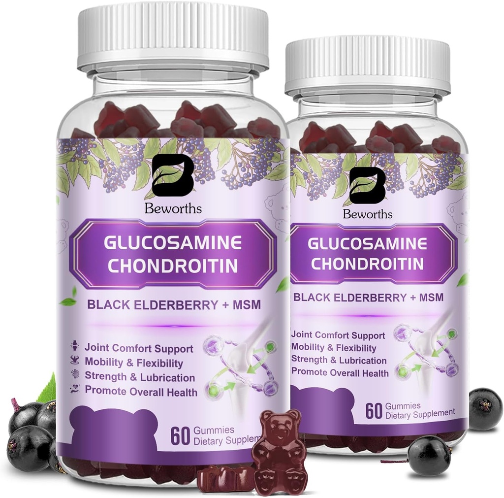 (2 Pack) Glucosamine Chondroitin Gummies, Extra Strength Joint Support Supplement with MSM " Elderberry for Mobility " , Antioxidant Support for Men " Women, 120 Gummies