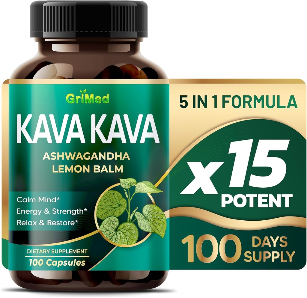 GriMed Kava Kava 19,700mg - X 15 Power with Ashwagandha Lemon Balm - Strength, Relax, Restore, Calma - Made in USA (100 Cuenta (Pack of 1))