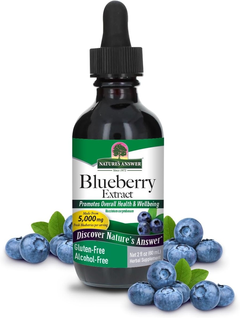 Natures Answer's Alcohol-Free Blueberry Fruit 1000mg 2oz Extracto Silencio Ojo y Visión Apoyo Silencio Alto en Antioxidantes ¦ Promueve la circulación sanguínea ¦ Reslieves Red and Itchy Eyes latitud Single Count