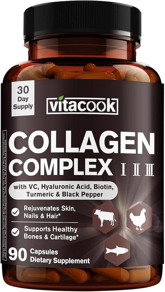 Collagen Peptides Complex, Tipo I, II, III, 2025 MG, Hydrolyzed Multi Collagen, VC, Biotin, HA, Turmeric " Black Pepper, for Skin, Hair, Nails, 90 Caps