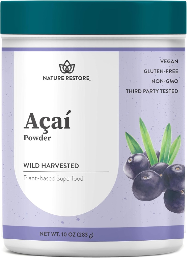 Nature Restore Wild Harvested Acai Berry Powder, 10 onzas, Non GMO, Gluten Free, Brazilian Wild Grown