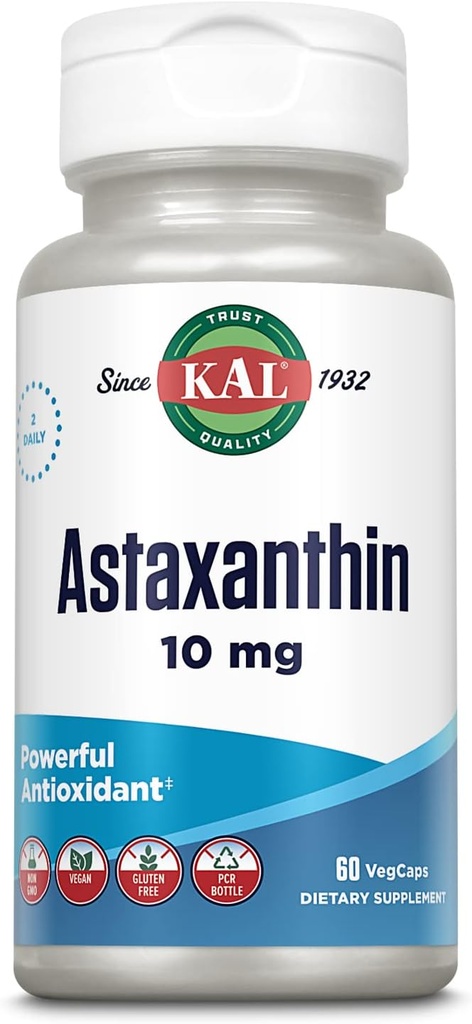 KAL Astaxanthin 10mg, Powerful Antioxidants Suplemento, Eye Health and Brain Supplement, From Natural Plant Source, Non-GMO, Vegan, Gluten Free, 30 Servings, 60 VegCaps