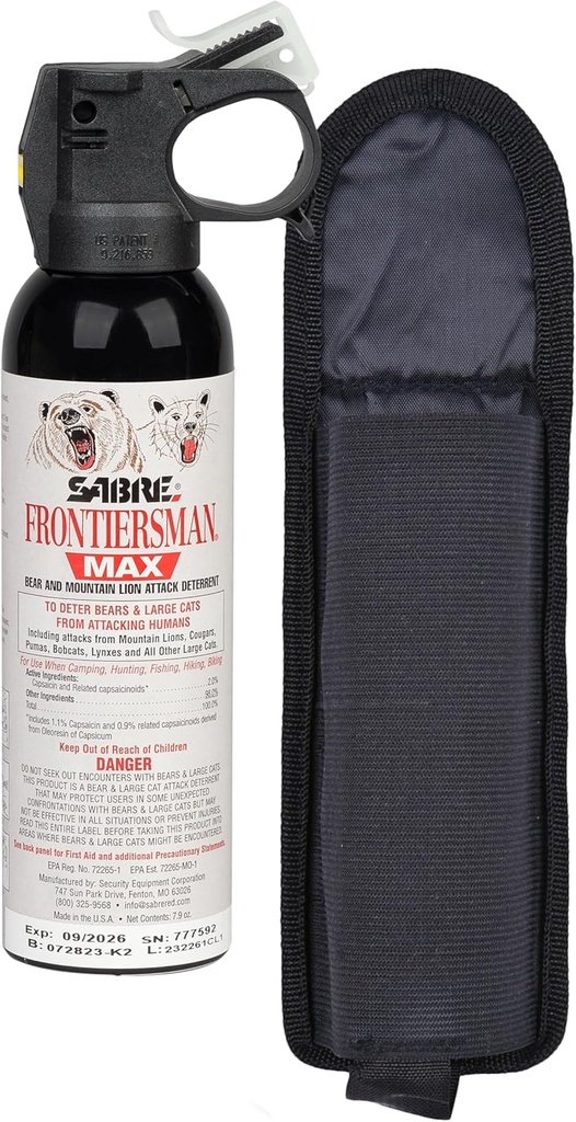 SABRE Frontiersman MAX Bear Spray – 40 pies Rango, máxima fuerza, la única fuente registrada por EPA para osos &amp; leones de montaña, 7.9 oz, Glow Safety Clip, Outdoor Hiking &amp; Protección de Campings