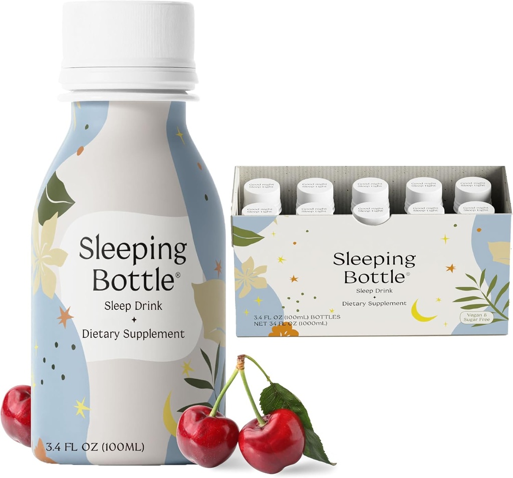 Bebida de somnolencia, Melatonin Gratis, Vegan, No Azúcar, Cherry Flavor (3.4 Fl Oz, Pack de 10)