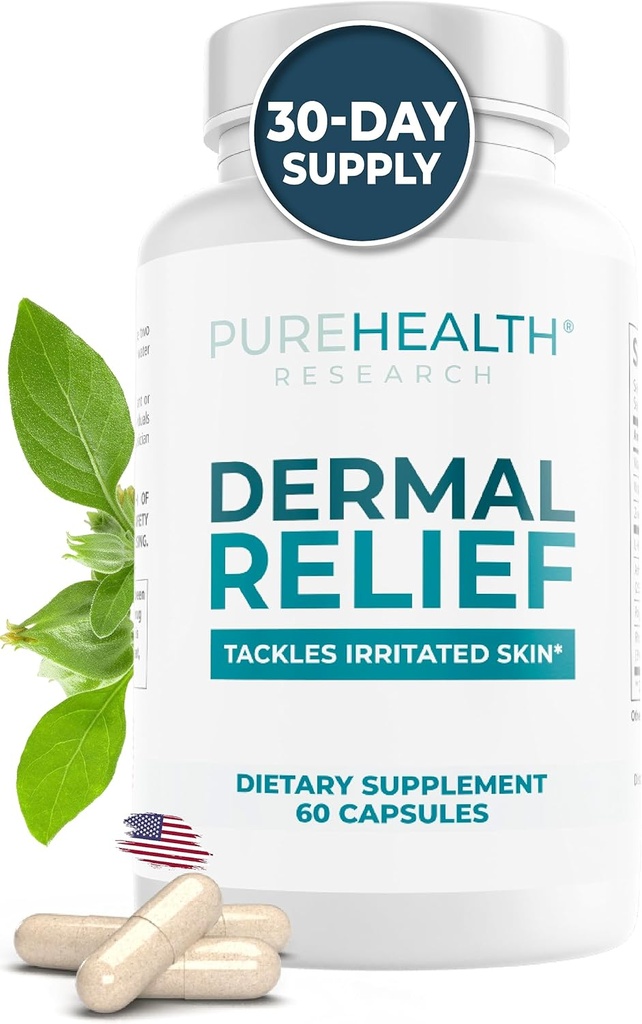PUREHEALTH RESEARCH Dermal Relief Supplements - for Irritated Skin, Eczema and Dermatitis with L-Histidine, Ashwagandha Root Extract, Rhodiola Crenulata, Vitamina D y E - 1 Botella - 60 cápsulas