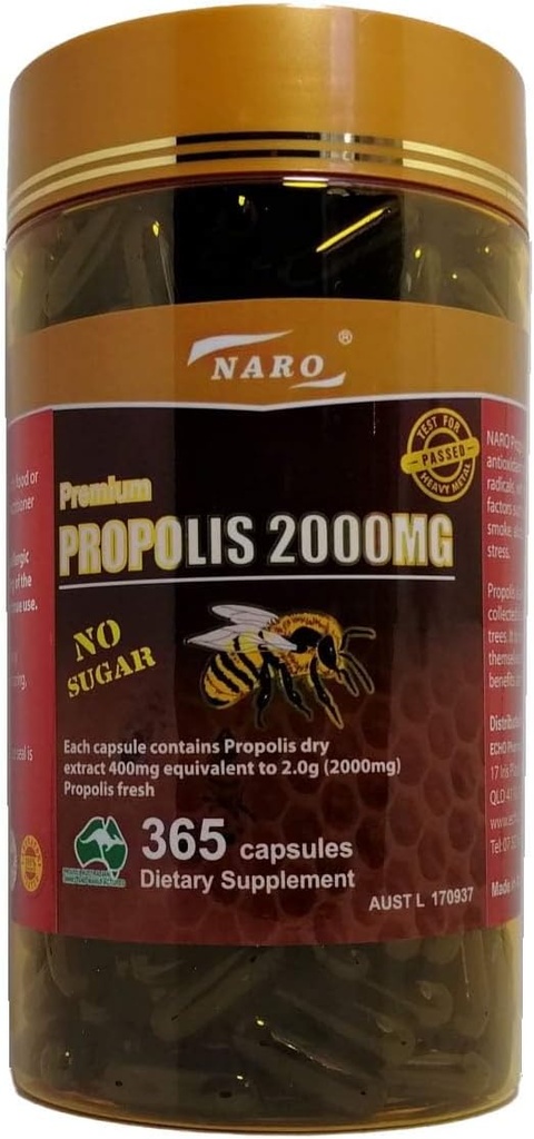 Naro Bee Propolis Extracto 2000mg Premium Eucalyptus Dark 365 Capsules Australian Made