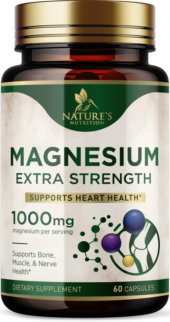 Suplemento mineral de magnesio 1000 mg - Citrato de magnesio de alta potencia para el hueso, salud cardíaca, nervios &amp; apoyo muscular, complejo de magnesio de la naturaleza para todo el apoyo corporal, embotellado en EE.UU. - 60 cápsulas