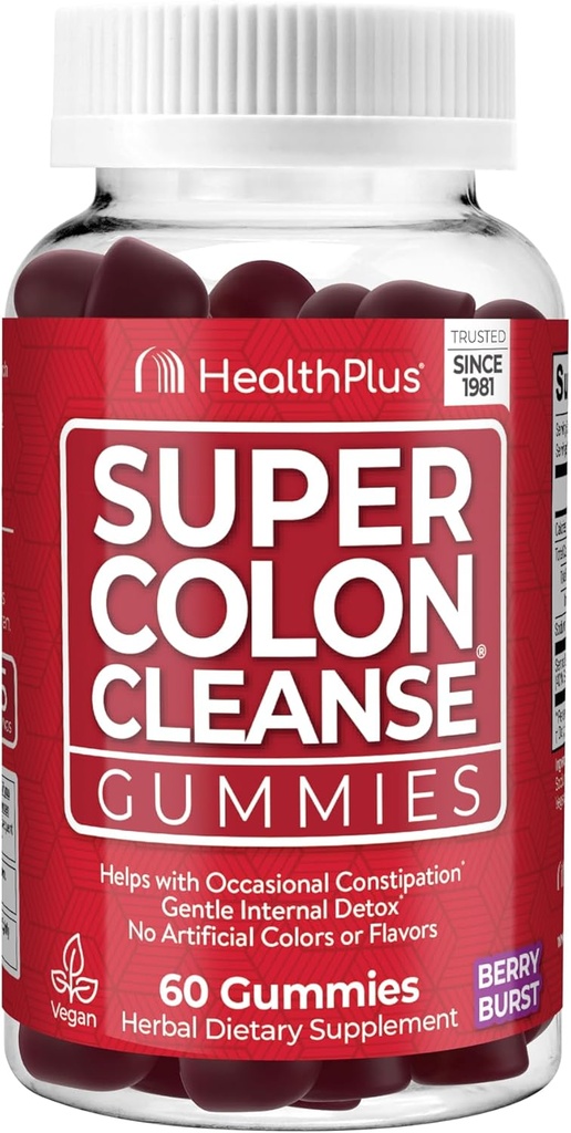 Health Plus Super Colon Cleanse Gummies 15 Day Supply of Gentle Overnight Relief from Occasional Constipation, Natural Senna Leaf Extract, Dietary Supplement, Mixed Berry Flavor, 60 Count