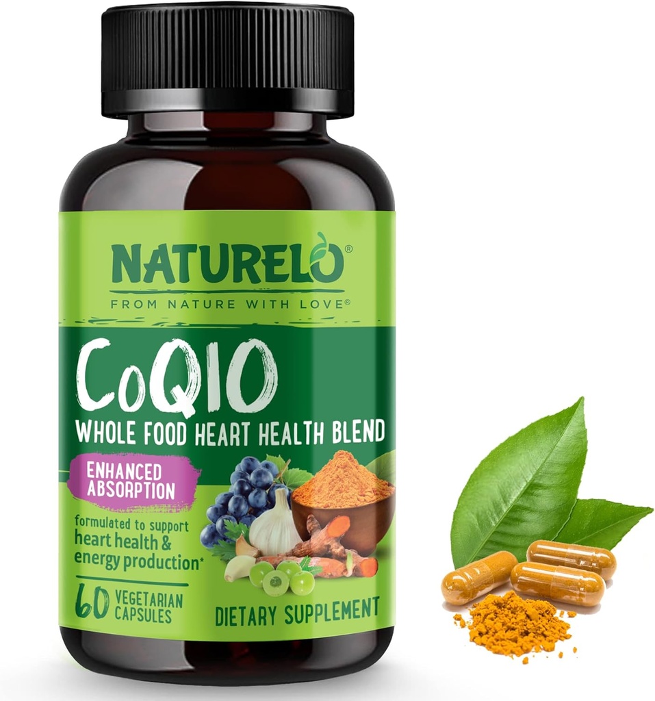 NATURELO Alimento completo CoQ10 Suplemento, 60 capsulas de Veg, Sangre Corazón, Antioxidante poderoso, CoQ10 100 mg para la producción de energía