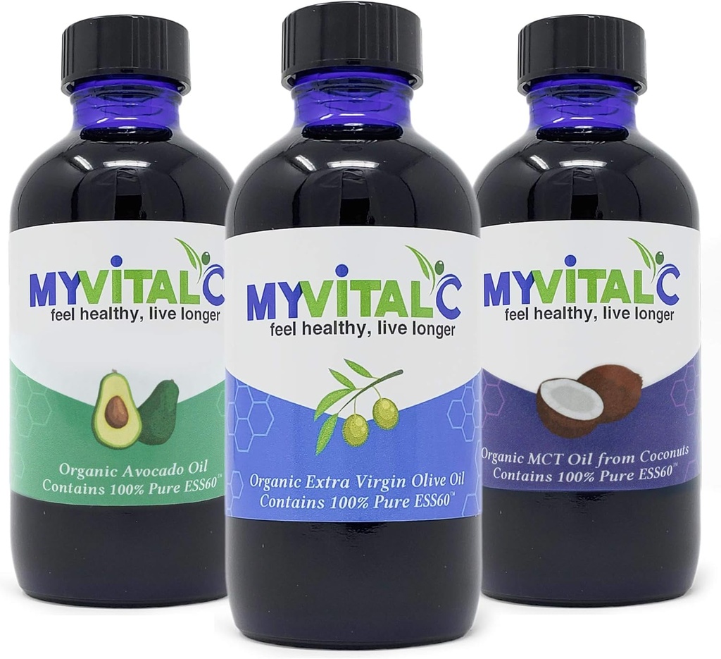 MyVitalC Combo de aceite de oliva virgen extra orgánico, MCT & Aceite de aguacate - ESS60 Suplemento antioxidante - para el envejecimiento, la longevidad, sueño, energía - paquete de 3