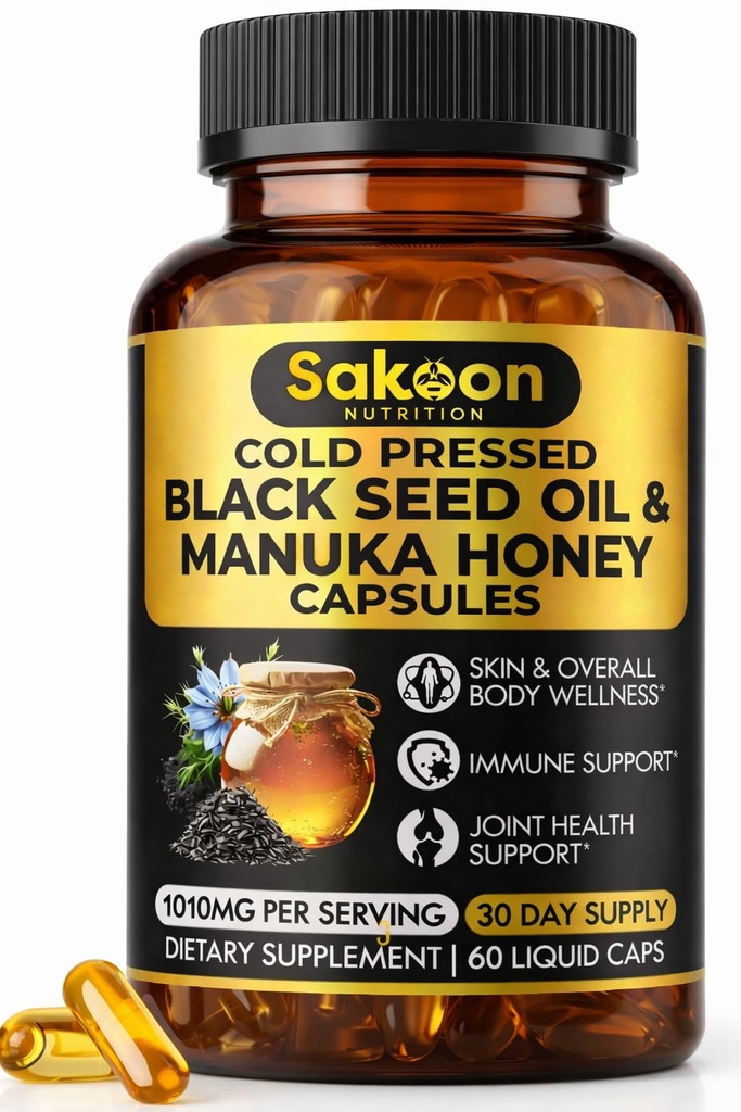 Black Seed Oil Capsules - Con New Zealand Manuka Honey, Cold Pressed Turkish Nigella Sativa Oil, 2% Thymoquinone, Immune &amp; Digestive Support, Made in USA, 60 Cuenta, 1010 mg por servir