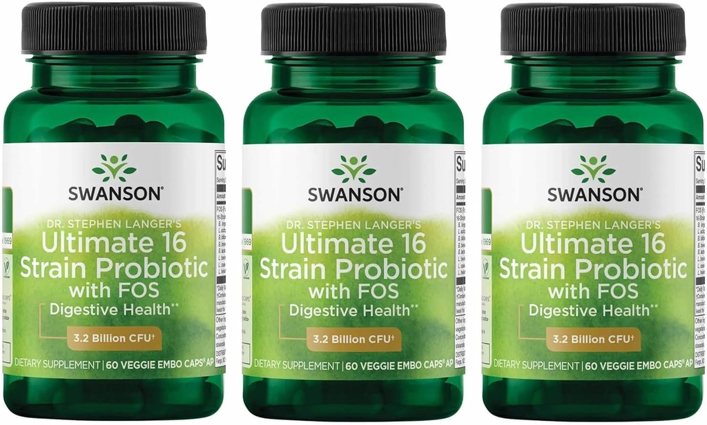 Swanson Dr. Stephen Langer's Fórmula - Natural Probiótico w / Prebiótico FOS - 16-Strain Suplemento Promoción Digestivo Soporte w / 3.2 Billones CFU por cápsula - (60 Veggie Capsules) 3 Pack