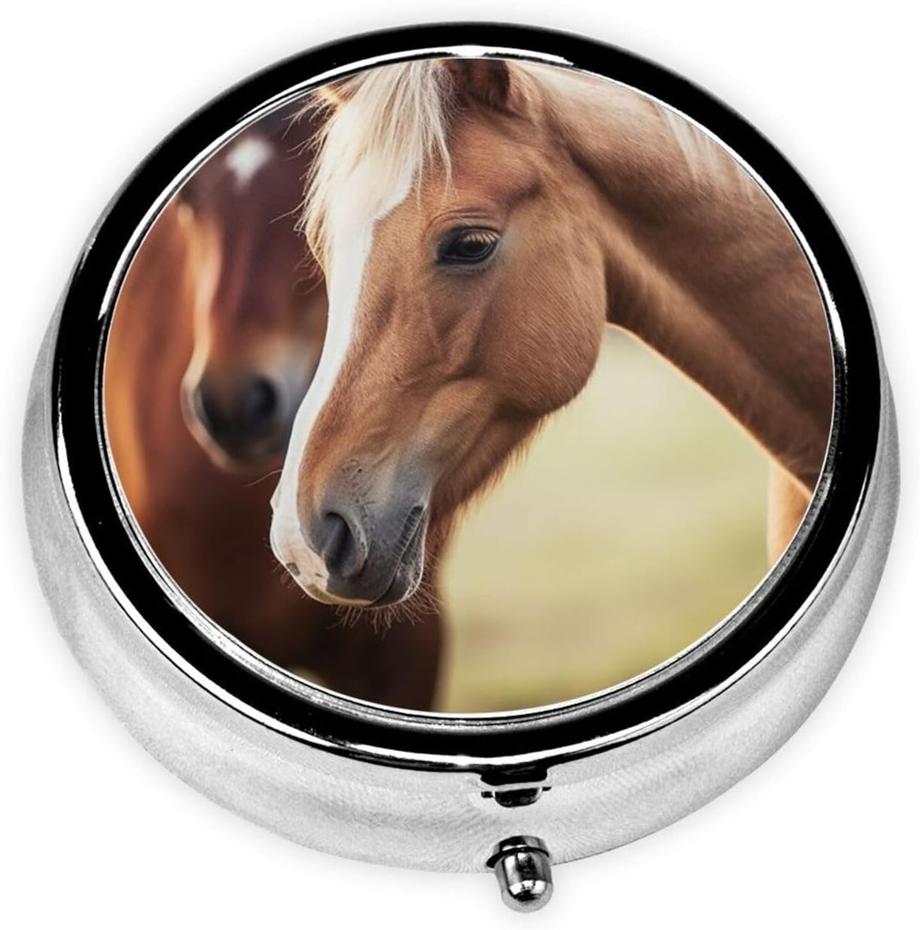 Pill Case with Mirror Retro 3 Compartment Pill Box Adorable Horse Small Pill Organizer for Purse or Pocket Decorative Metal Medicine Vitamin Organizer Regalos únicos