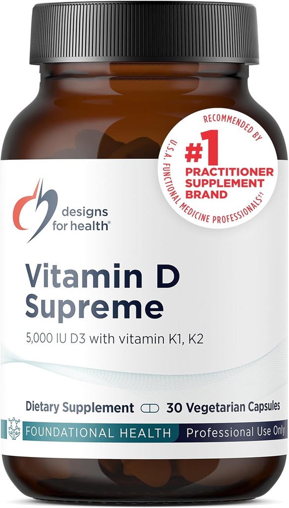 Diseños para la salud Vitamina D Supremo - Vitamina D 5000 UI con 2000mcg Vitamina K como MK4 para la salud ósea, la salud cardíaca, el sostén de la humedad - Vitamina D3 Mejorada con GG Suplemento (30 cápsulas)