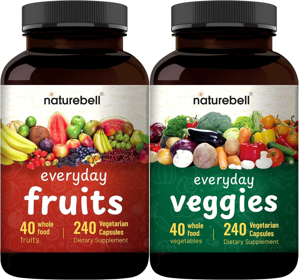 Suplemento de frutas y verduras – 480 Cápsulas Vegetarianas totales  vírgenes Balance de Natural 40 Frutas enteras &amp; verduras Blend viv Fórmula de Superalimentos Frescos con Vitaminas y Minerales – No GMO