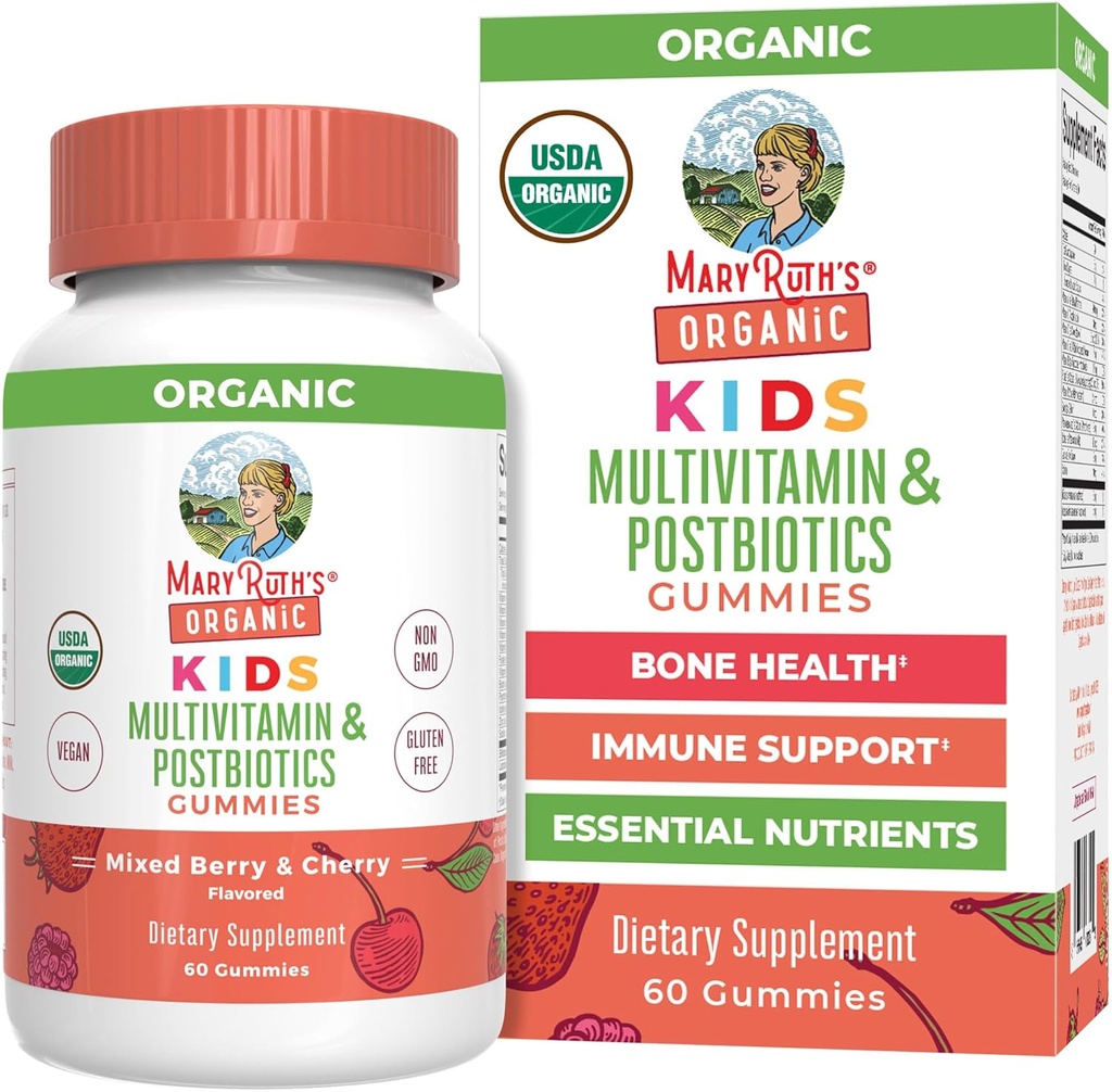MaryRuth Orgánicas Niños Vitaminas Silencioso USDA Orgánica Silencio Gummies Multivitamínicas + Postbióticos para Edades 4+ Silencio Lactobacillus Rhamnosus ANTE Vegan Silencio No-OMM 60 Conde
