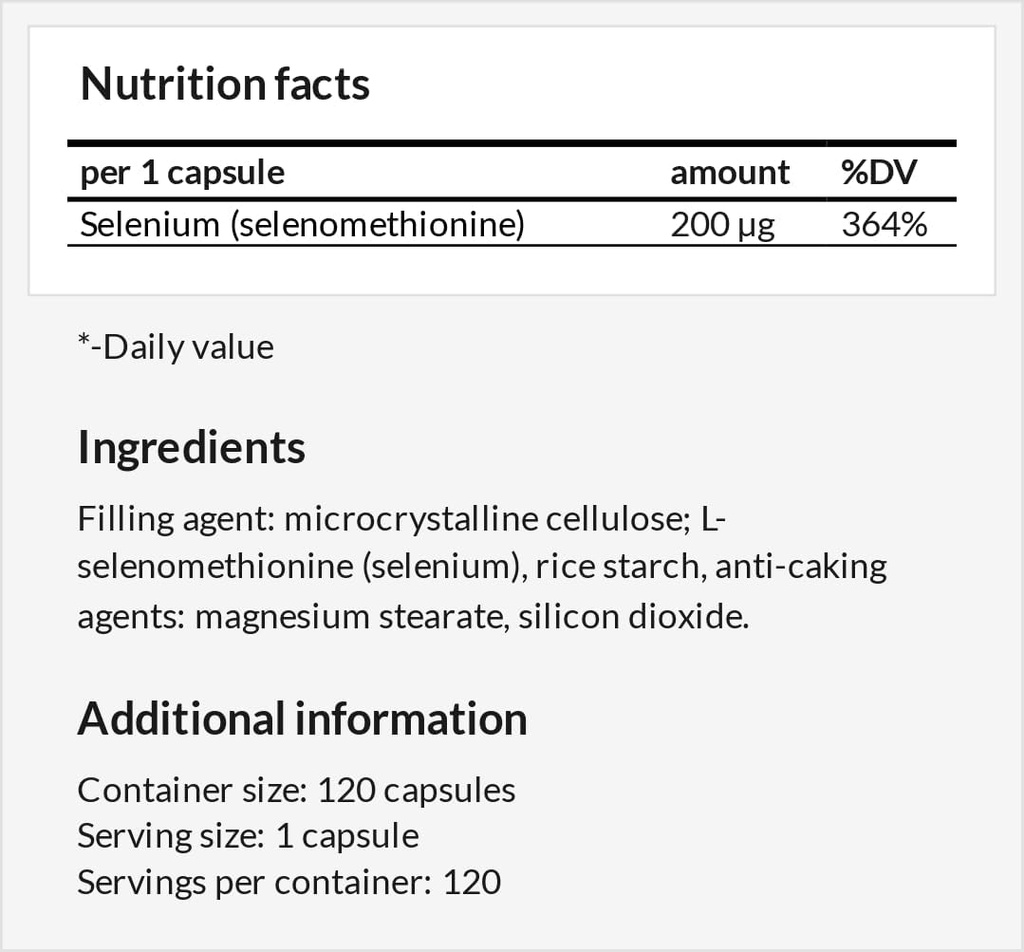 Selenium 200 μg (Selenomethionine) - 120 cápsulas - 4 meses de suministro - Suplemento de dieta para apoyar el sistema tiroideo e inmunológico - por MZ