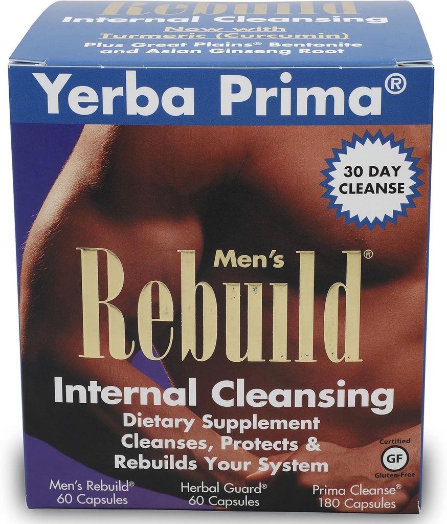 Yerba Prima Cleanse Men Rebuild Kit - 30 días Suplementos de limpieza interna diseñados para hombres - Prostata " Colon Health - Kidney " Liver - Natural Herbal Psyllium Fiber, Aloe Vera, Milk Thistle Seed