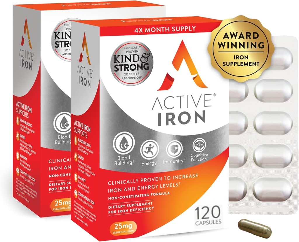 Suplemento activo de hierro 25 mg – Probado clínicamente para aumentar los niveles de energía de hierro – suave, no exigente, altamente absorbido – 120 cápsulas