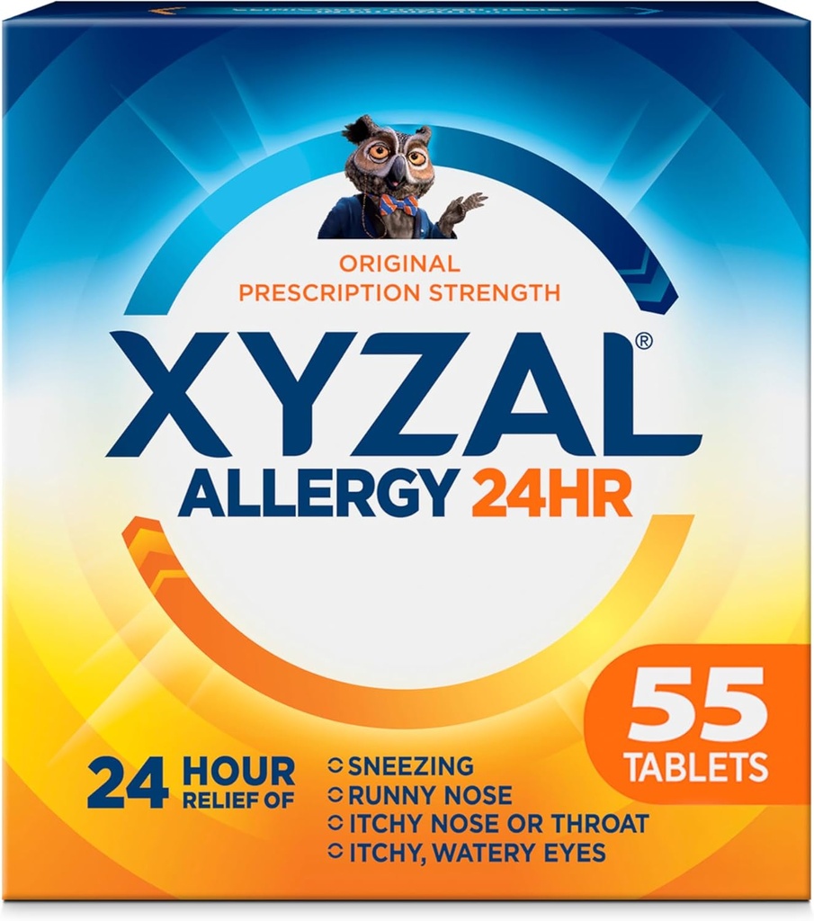 Medicamento de Alivio de la Alergia Xyzal 24 horas, Antihistamínico de Prescripción Original, Dihidrocloruro de Levocetirizina Tablas 5 mg, 55 Con