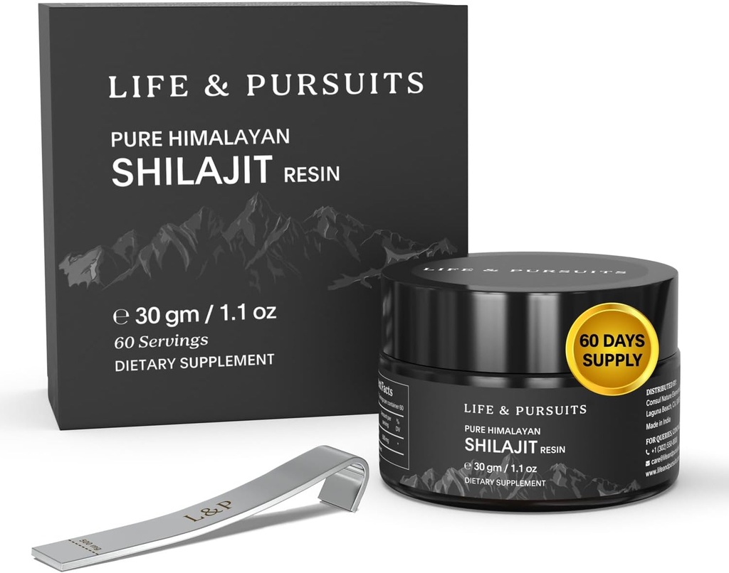 Life & Pursuits 100% Puro Real India Himalayan Shilajit Resin, 1.1 oz 500mg, Mínimo 75% Ácido Fulvico, 85+ Minerales Trace, Suplemento dietético para Hombres Informe de Prueba de laboratorio de 3er Partido, 60 Servimientos (Pack of 1)