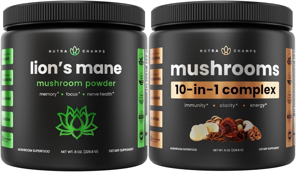 NutraChamps Lions Mane Powder y 10 en 1 Mushroom Powder