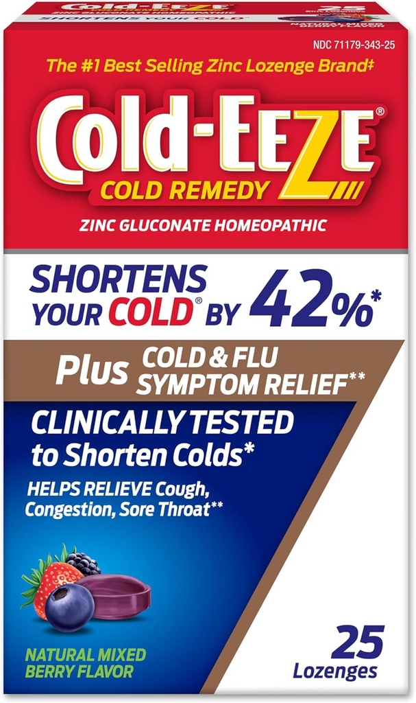 Cold-Eeze Plus Natural Mixed Berry Cold " Flu Zinc Lozenges, Multi-Symptom Relief, Homeopathic Cold Remedy, Reduce la duración del frío común, Sambucus Nigra para aliviar los síntomas del frío " , 25 Ct