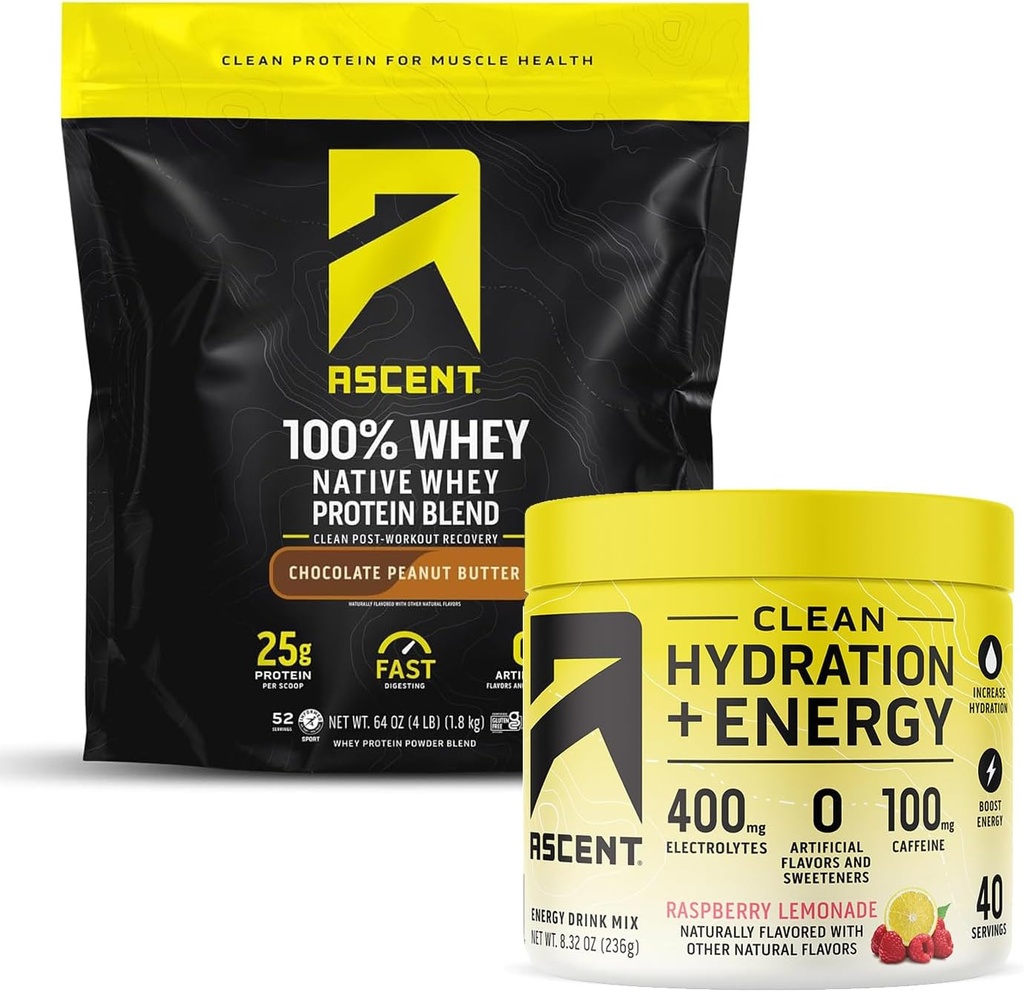 Ascent 100% Whey Protein Powder, Chocolate Peanut Butter 4 lb & hidratación + electrolitos de energía, Raspberry Lemonade 40 Servimientos