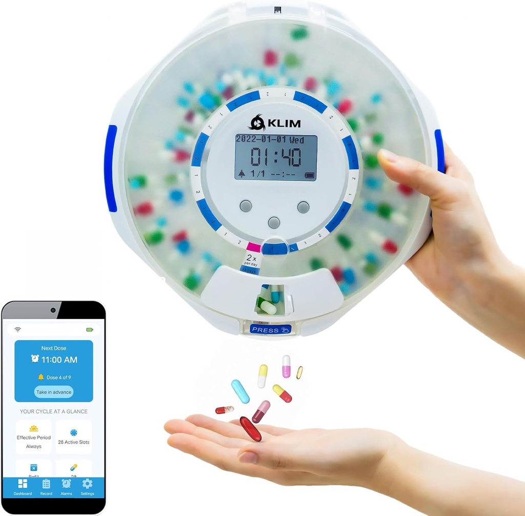 Dispensador KLIM Smart Pill con Alarma - Aplicación de Monitoreo WiFi - Dispensador de Medicina Automática de 28 días para el cuidado de Alzheimer de ancianos - llave de bloqueo - nueva versión
