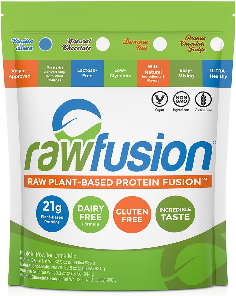 Rawfusion Vegan Protein Powder, Vanilla Bean – 30 Servings, 21g Proteína de base vegetal, Low Net Carbs, Non-Dairy, Sin gluten, Libre de soja, Kosher, Non-GMO, 2.06lbs