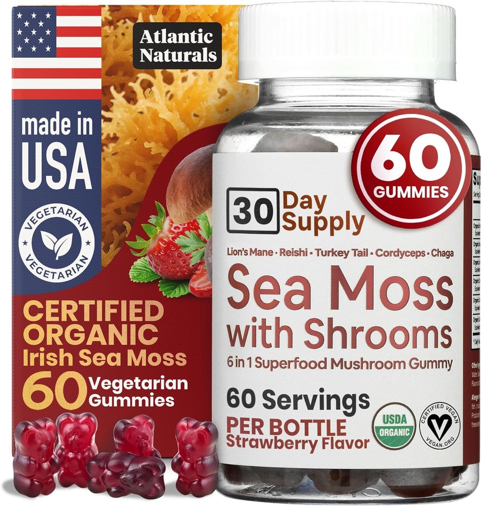 Sea Moss Gummies with Lions Mane Mushroom - Sea Moss Gel Alternativa con Irish Moss, Reishi, Cordyceps, Chaga & Turquía Tail Suplemento - Focus Gummy Sin Café- 60 ct