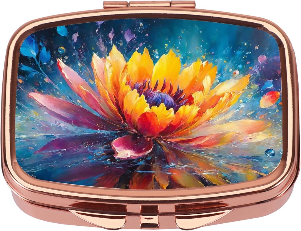 Dynippy Pill Case Pill Box with Mirror Retro Pocket 2 Compartment Medicine Case Vitamin Pill Organizer for Pocket Purse and Travel (Rose Gold - Colorful Flower)