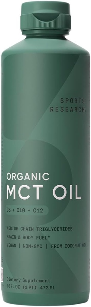 Sports Research Organic MCT Aceite - Keto & Vegan MCTs C8, C10, C12 de Cocos - Cerebro de ácido graso &amp; Fuel corporal, Flavorless, No GMO &amp; Gluten Gratis - Perfecto en Café, Tea &amp; Protein Shakes - 16 oz