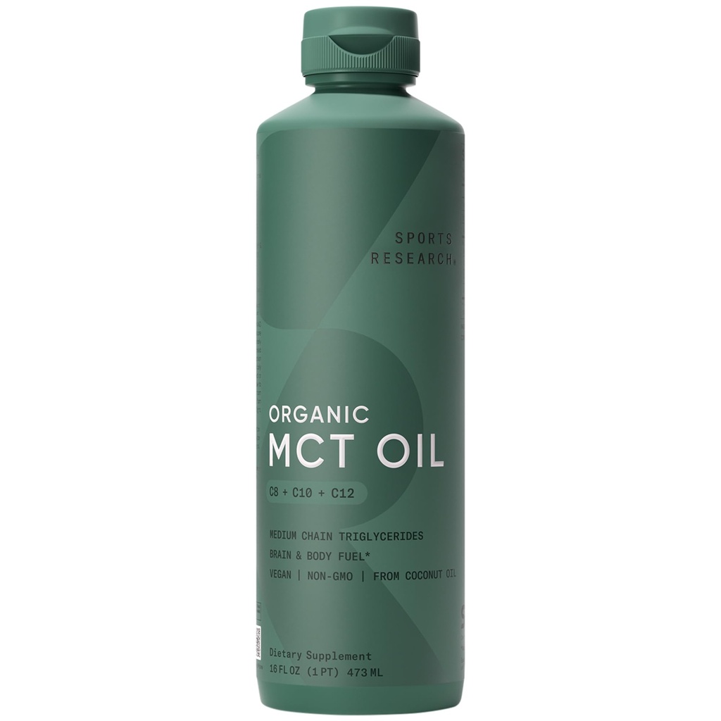 Sports Research Organic MCT Aceite - Keto & Vegan MCTs C8, C10, C12 de Cocos - Cerebro de ácido graso &amp; Fuel corporal, Flavorless, No GMO &amp; Gluten Gratis - Perfecto en Café, Tea &amp; Protein Shakes - 16 oz