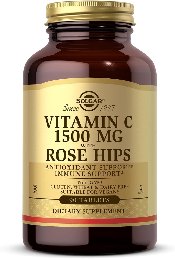 Solgar Vitamina C 1500 mg con Rosa HIPS, 90 Tabletas - Antioxidante &amp; Apoyo Inmunitario - Salud general - Asistencias Esquía saludable &amp; Juntas - No GMO, Vegan, Gluten Gratis, Dairy Free, Kosher - 90 Servimientos