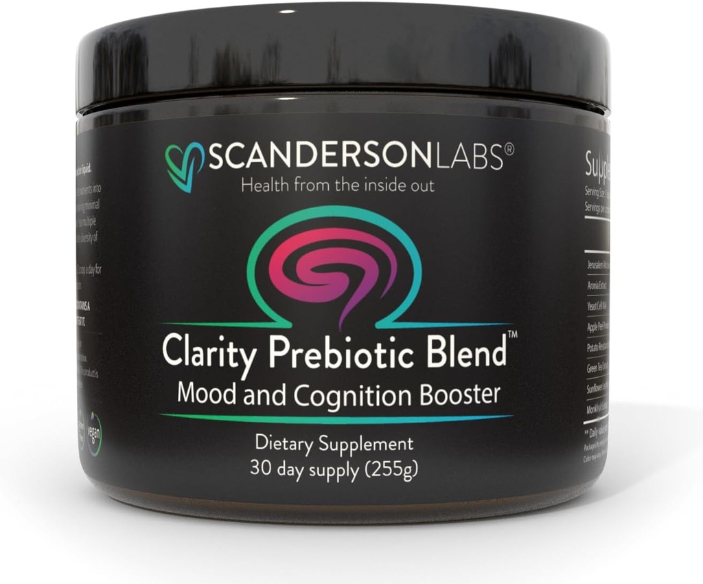 Clarity Prebiotic Blend – Optimize Gut and Mood a través del eje Gut-Brain – un mes de suministro – Fácil de usar, un Scoop se mezcla con líquido o alimentos – Vegan, libre de soja, libre de gluten, no GMO