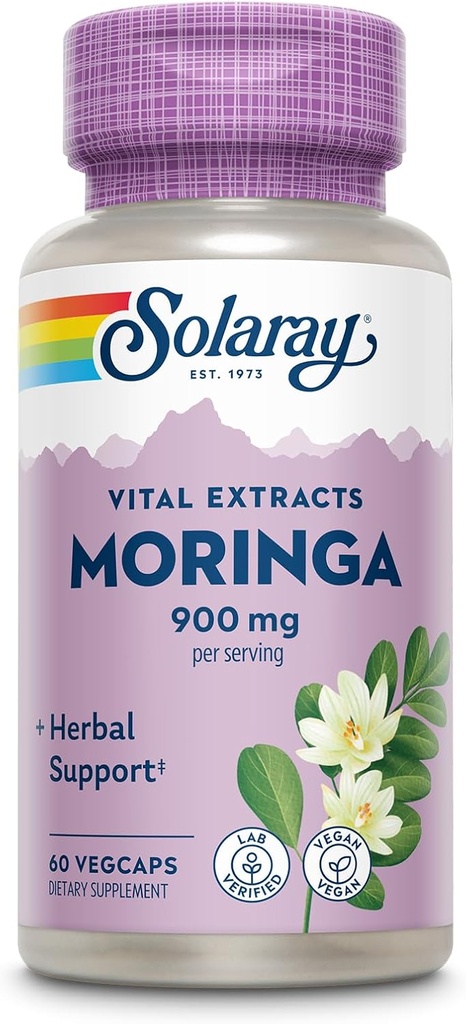 SOLARAY Moringa capsules 900 mg - Moringa Suplemento con 135 mg Saponinas - Herbal Support w/Naturalmente Occurring Vitamins, Minerales, Aminoácidos, Vegan, Garantía de 60 días, 30 Serv, 60 VegCaps