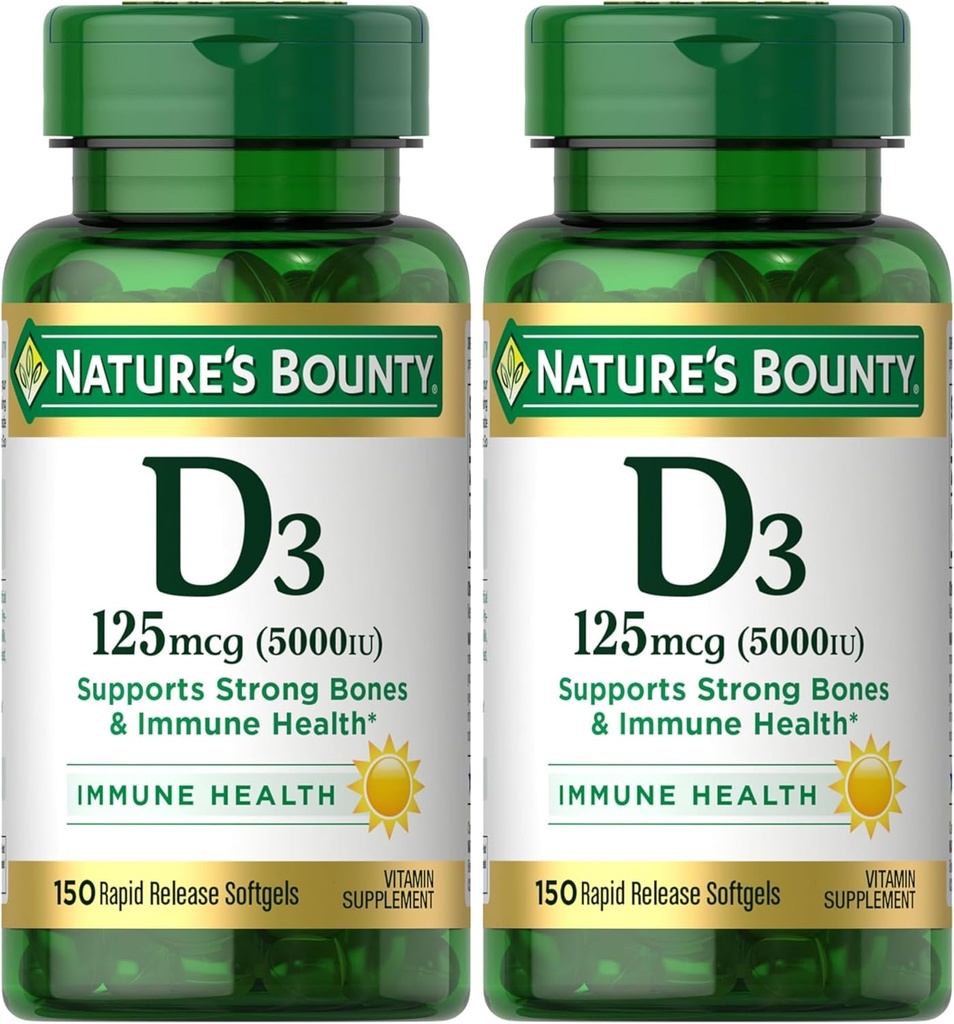 Vitamina Bounty D3, Immune y Bone Support, 5000IU, Rapid Release Softgels, 150 Ct (Pack of 2)