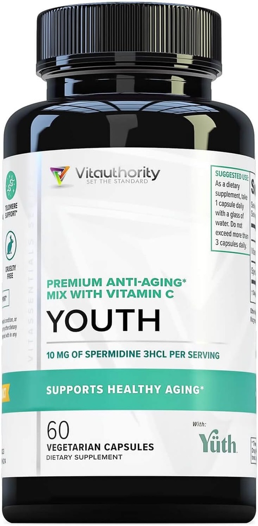 Ausorción mejorada Suplemento Espermidina Pura - 99% Standardizado Spermidine 3HCL Anti Aging Suplemento para Mujeres y Hombres Longevity Brain Telomere Heart Cell and Skin Support - 60 Servings