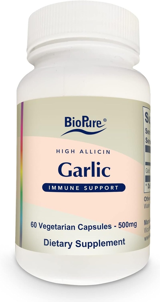 BioPure High Allicin suplemento de ajo – Potente suplemento orgánico rico en Allicin, Trace Minerals, Vitaminas, Aminoácidos, " Enzymes for Immune, Detox, Gut Health, " Wellness general - 60 cápsulas