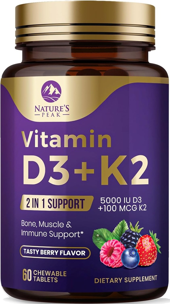 Vitamina D3 K2 - 5000 iu Vitamina D3 &amp; 100 mcg Vitamina K2 (MK-7) Complejo para soporte inmunitario - Bono, dientes &amp; Muscle Health Support - Berry Chewable, Gluten Free, Non-GMO, Botellado en EE.UU. - 60 Tabletas