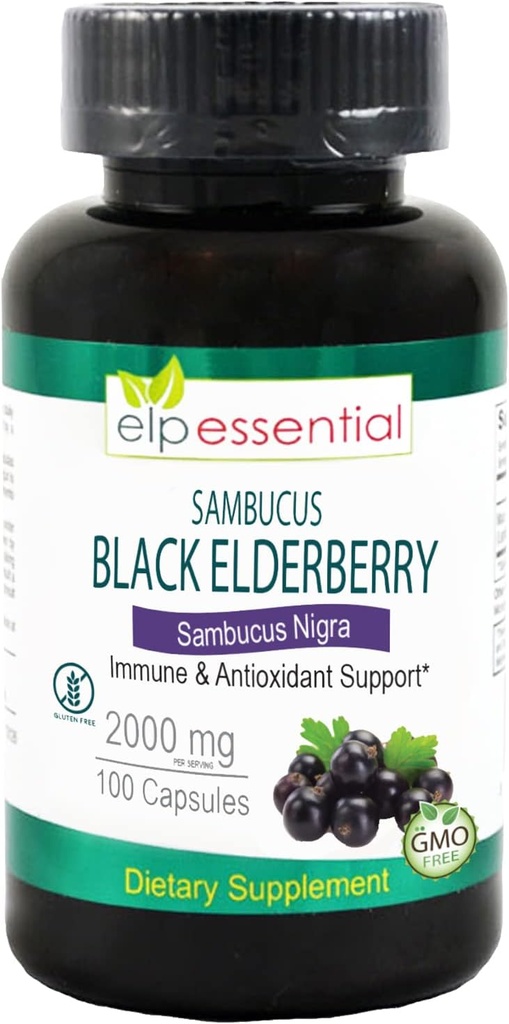 ELP ESSENTIAL Black Elderberry Capsules 2000mg | 100 Count | Super Concentrated Sambucus Extract,Antioxidant and Immune