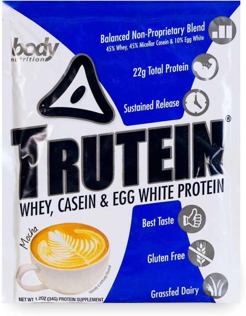 Body Nutrition Trutein High Protein Powder: 45% Whey, 45% Casein, 10% Egg White, Gluten-Free, Low Sodium, Grass Fed Whey Protein Powder, Gym Suplemento &amp; Breakfast Shake, Mocha, 34g Muestra