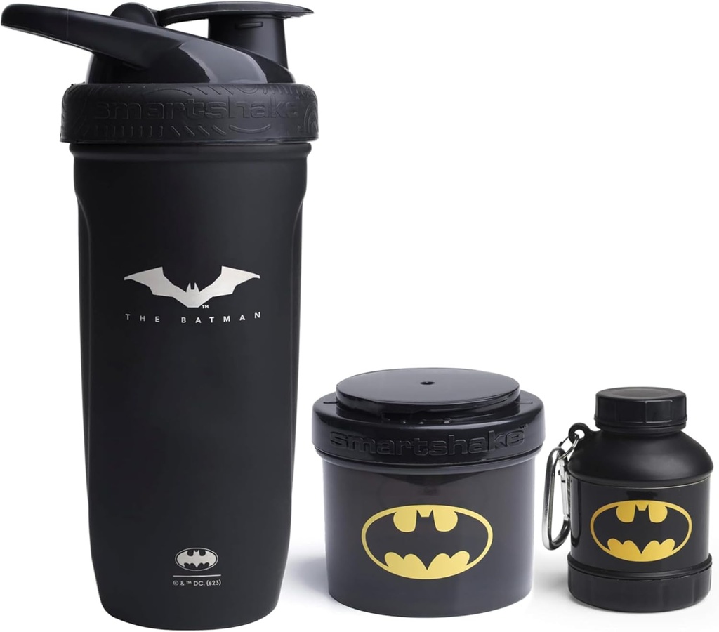 Smartshake DC Comics Bundle – Batman acero inoxidable Protein Shaker 900ml con embudo 110ml y contenedores de almacenamiento 200ml.