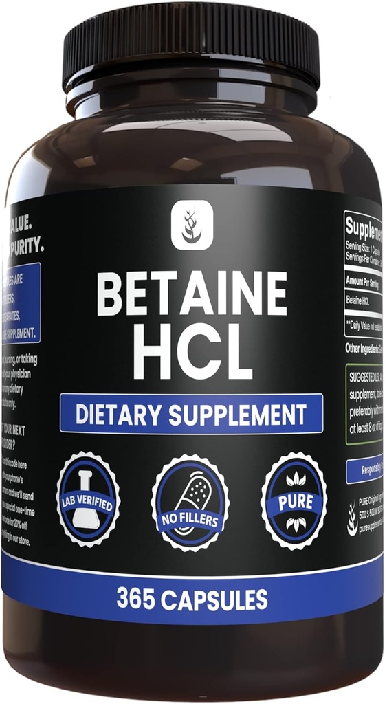 PURE ORIGINAL INGREDIENTES Betaine HCL (365 cápsulas) No hay magnesio o rifles de arroz, siempre puro, lab Verified