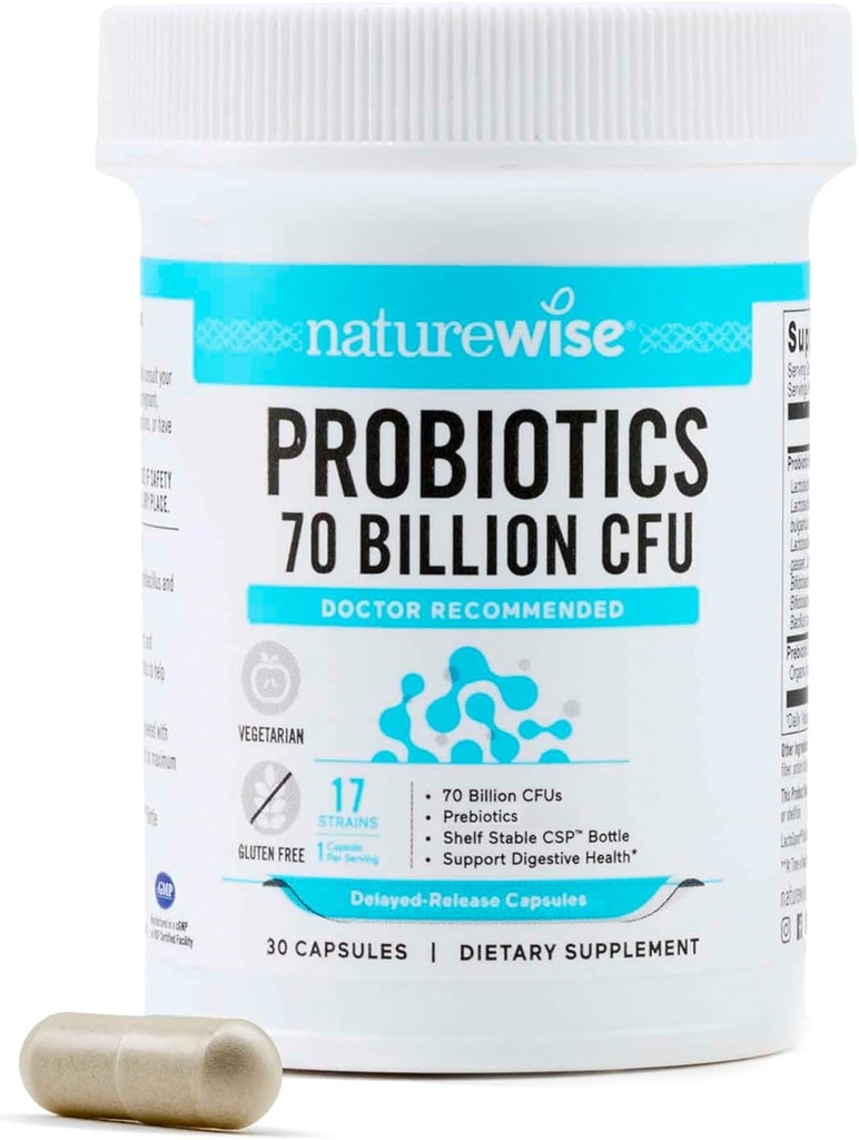 NatureWise Probiotics 70 Billion CFU - 17 Strains + Prebióticos Orgánicos - Immune, Digestivo " Gut Health Support for Women " Hombre - Vegetarian, Gluten-Free, Non-GMO - 30 Capsules[1-Month Supply]