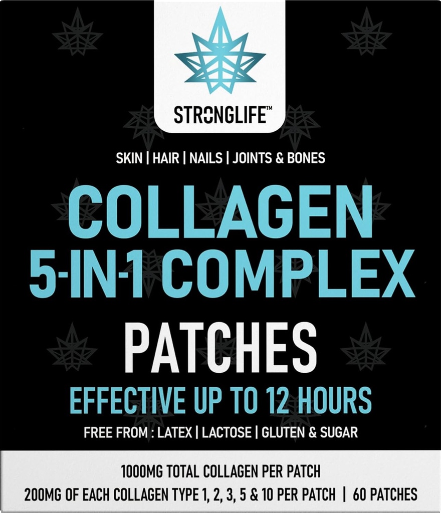 Patches Complejos de Collagen – Tipos 1, 2, 3, 5 Ø 60 Patches transdérmicos para la piel, el pelo, las uñas y la salud conjunta vivieron alta absorción, alternativa a los polvos y cápsulas, fácil de aplicar, larga duración