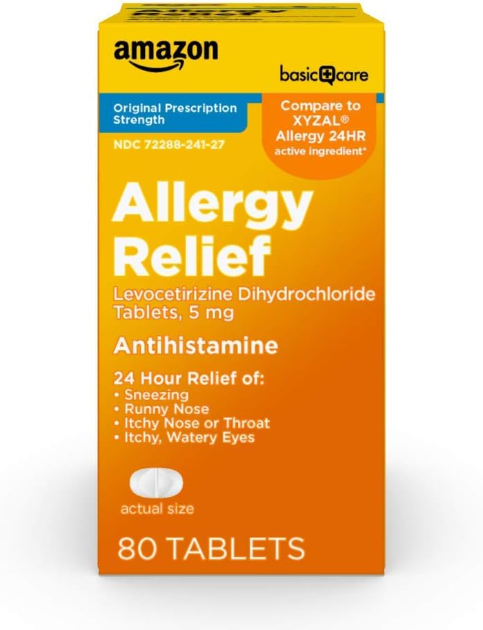  Basic Care 24 Hour Allergy Relief, Levocetirizine Dihydrochloride Tablets, 5 mg Antihistamine for Sneezing, Runny Nose, Itchy Nose or Throat and Itchy, Watery Eyes, 80 Count Pack