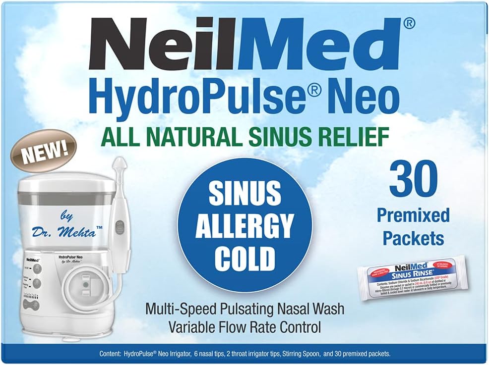 NeilMed HydroPulse Neo. Multi-Speed Electric Pulsating Nasal Sinus Irrigation System con 30 Sinus Rinse Premixed Packets.
