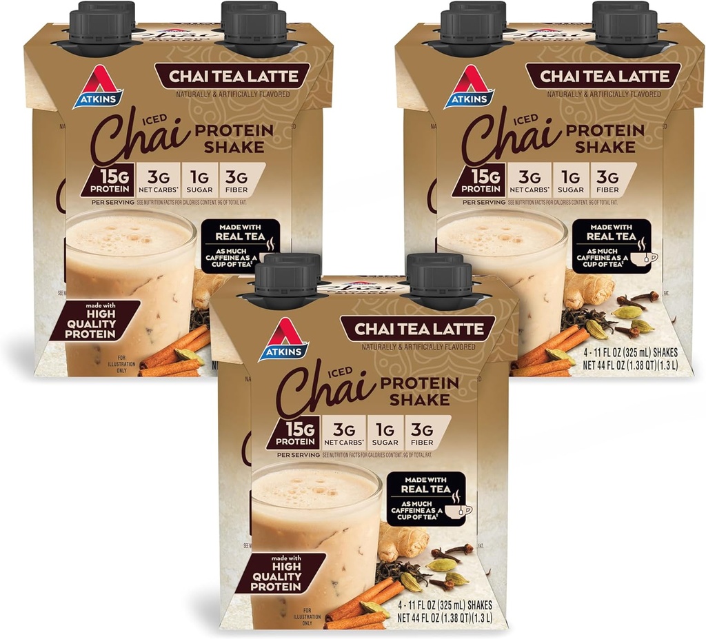 Chai Tea Latte Flavored Protein Shake, High Protein Shake, Low Glycemic, Low Carb, Low Sugar, Keto Friendly, Gluten Free, 12 count (3 sets of 4)